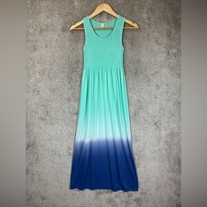 Eco Zone Dress Womens One Size Blue Green Ombre Maxi Sleeveless Smocked- 3770